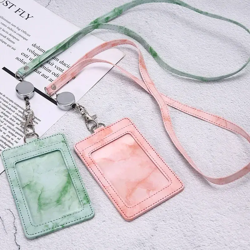 1 Pcs PU Leather Card Cover Work ID Name Badge Holder Bank Business Credit Card Holder Students Bus Card Case with Lanyard