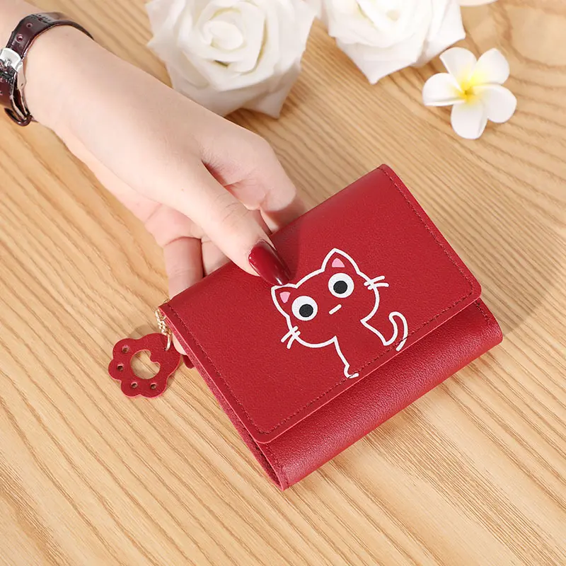 Women's Cute Cat Wallet Female Small Short PU Leather Purse Ladies Card Holder Money Bag Hasp Keychain Fashion Wallet Girls Gift