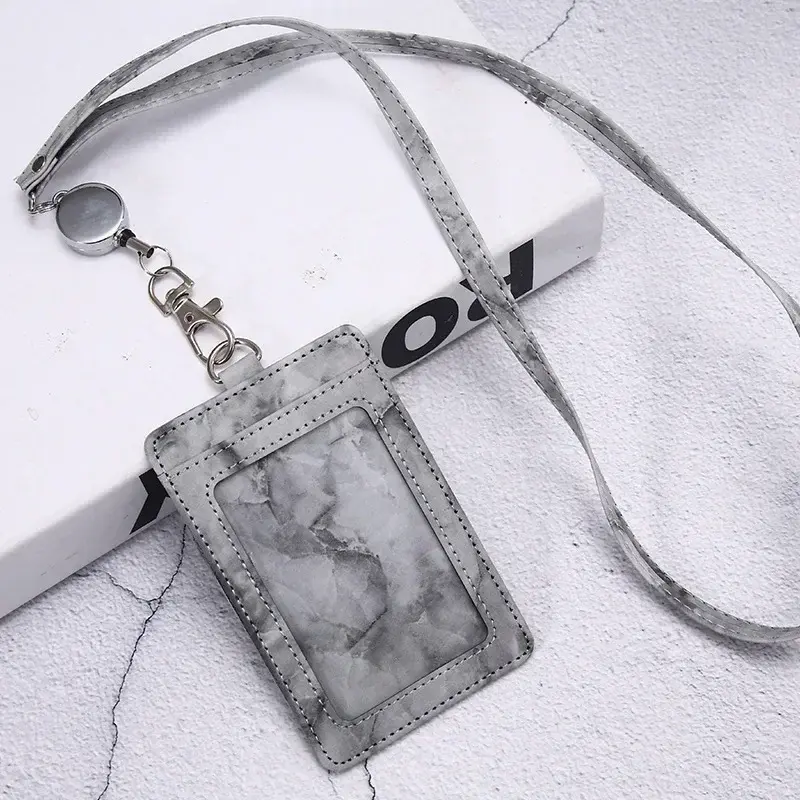 1 Pcs PU Leather Card Cover Work ID Name Badge Holder Bank Business Credit Card Holder Students Bus Card Case with Lanyard