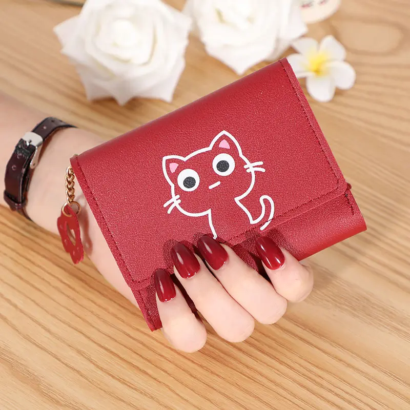Women's Cute Cat Wallet Female Small Short PU Leather Purse Ladies Card Holder Money Bag Hasp Keychain Fashion Wallet Girls Gift