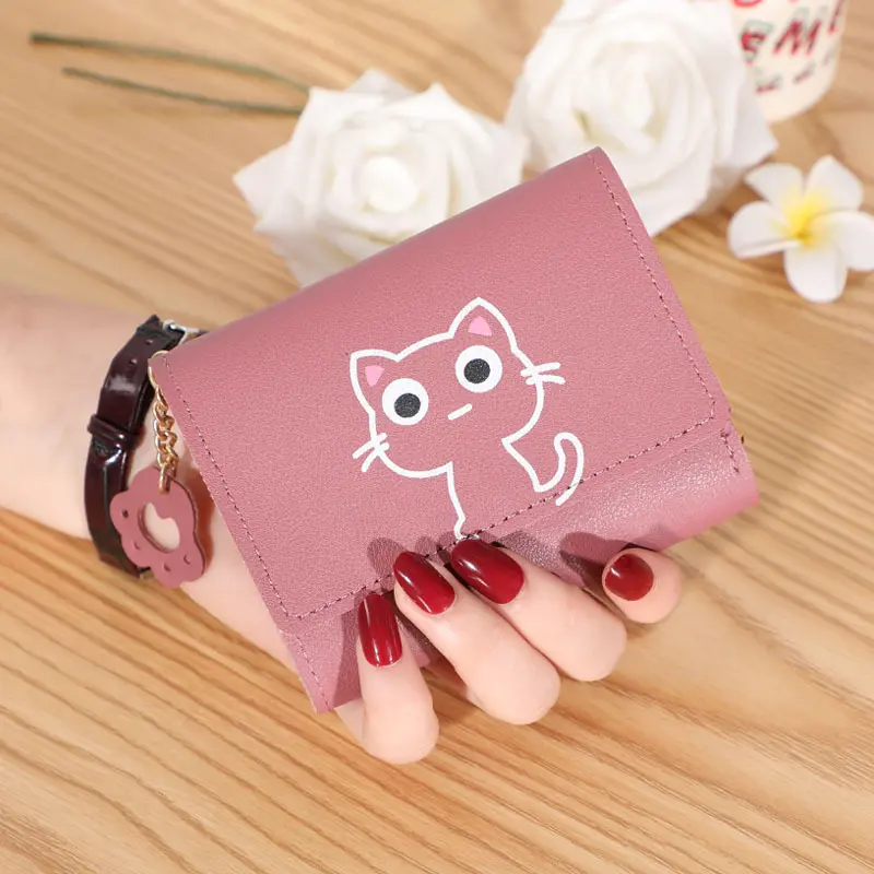 Women's Cute Cat Wallet Female Small Short PU Leather Purse Ladies Card Holder Money Bag Hasp Keychain Fashion Wallet Girls Gift