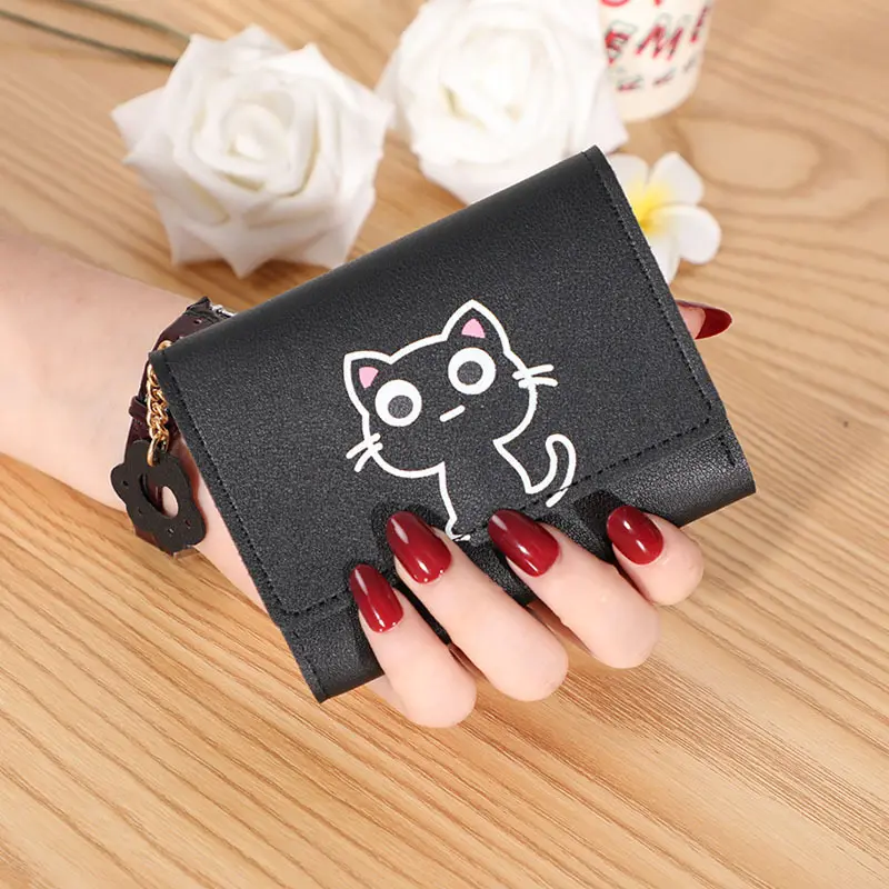 Women's Cute Cat Wallet Female Small Short PU Leather Purse Ladies Card Holder Money Bag Hasp Keychain Fashion Wallet Girls Gift