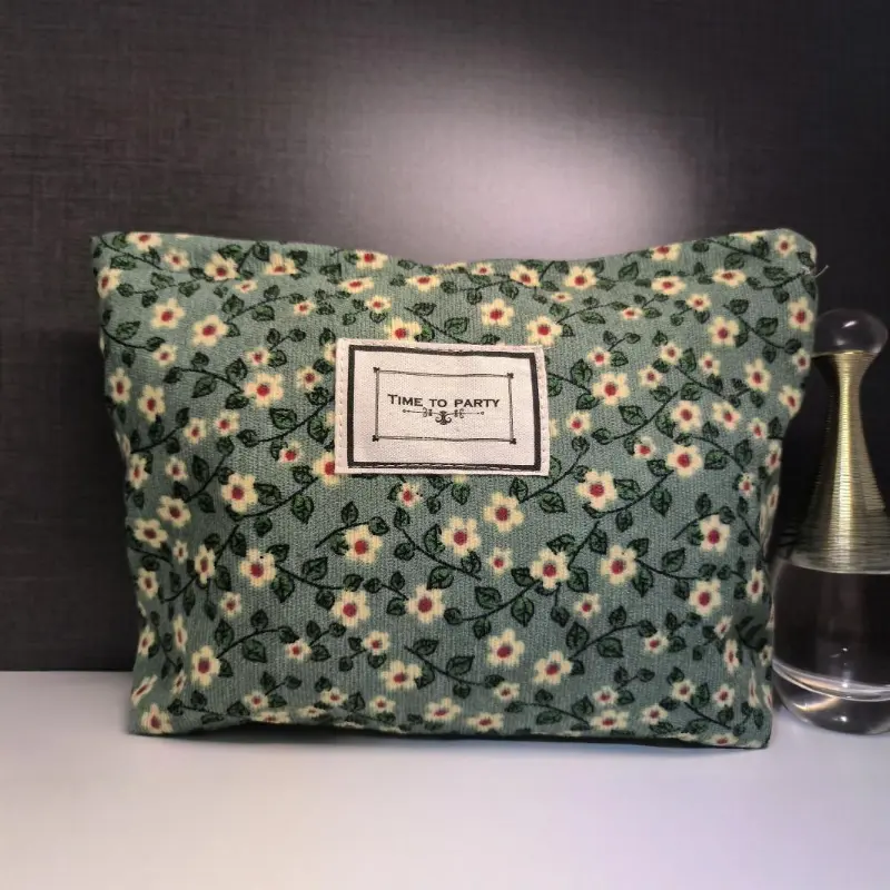 Korean Floral Embroidery Women Cosmetic Bag Pouch Corduroy Canvas Beauty Makeup Case Organizer Pencil Case Travel Toiletry Bag