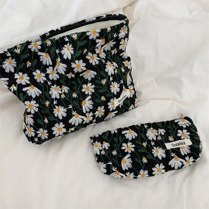 Korean Floral Embroidery Women Cosmetic Bag Pouch Corduroy Canvas Beauty Makeup Case Organizer Pencil Case Travel Toiletry Bag