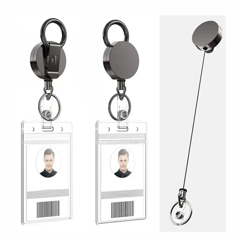 Retractable Pull Badge Reel Black Metal ID Lanyard Name Tag Card Badge Holder Reels Fashion Belt Key Ring Chain Clips