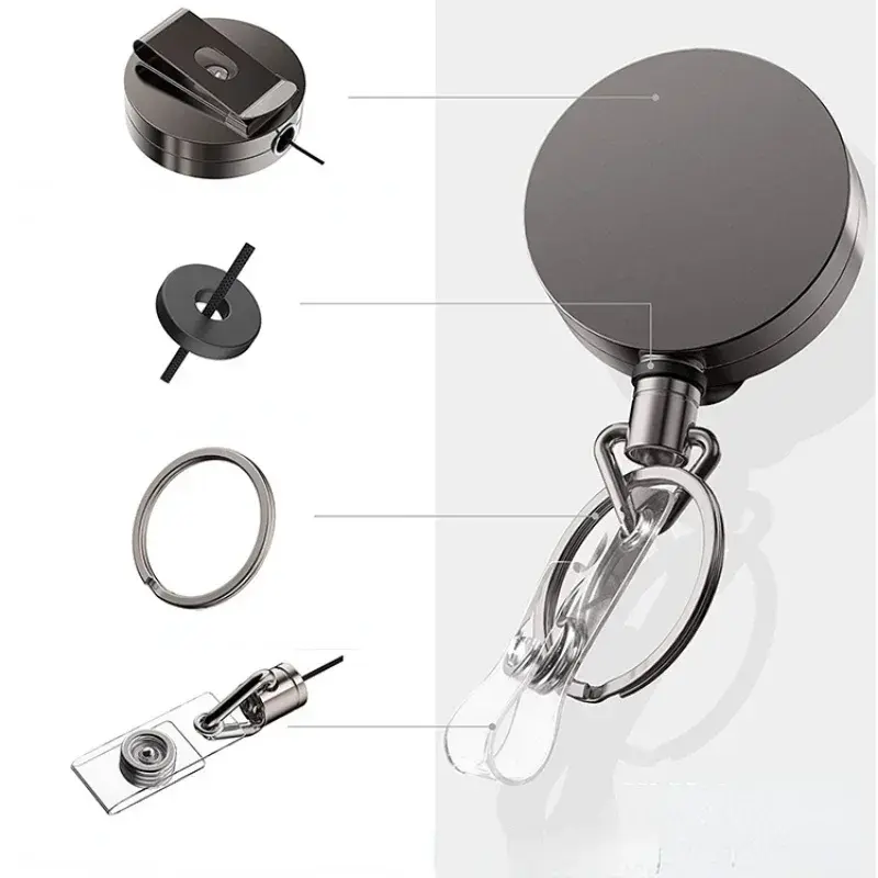 Retractable Pull Badge Reel Black Metal ID Lanyard Name Tag Card Badge Holder Reels Fashion Belt Key Ring Chain Clips