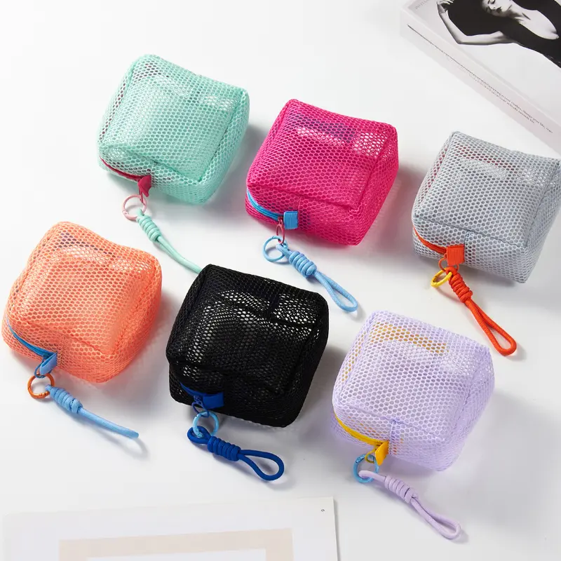 Small Square Solid Color Coin Bag Nylon Mesh Lipstick Key Earphone Organizer Holder Bus Bank ID Credit Cards Pouch Case Storage