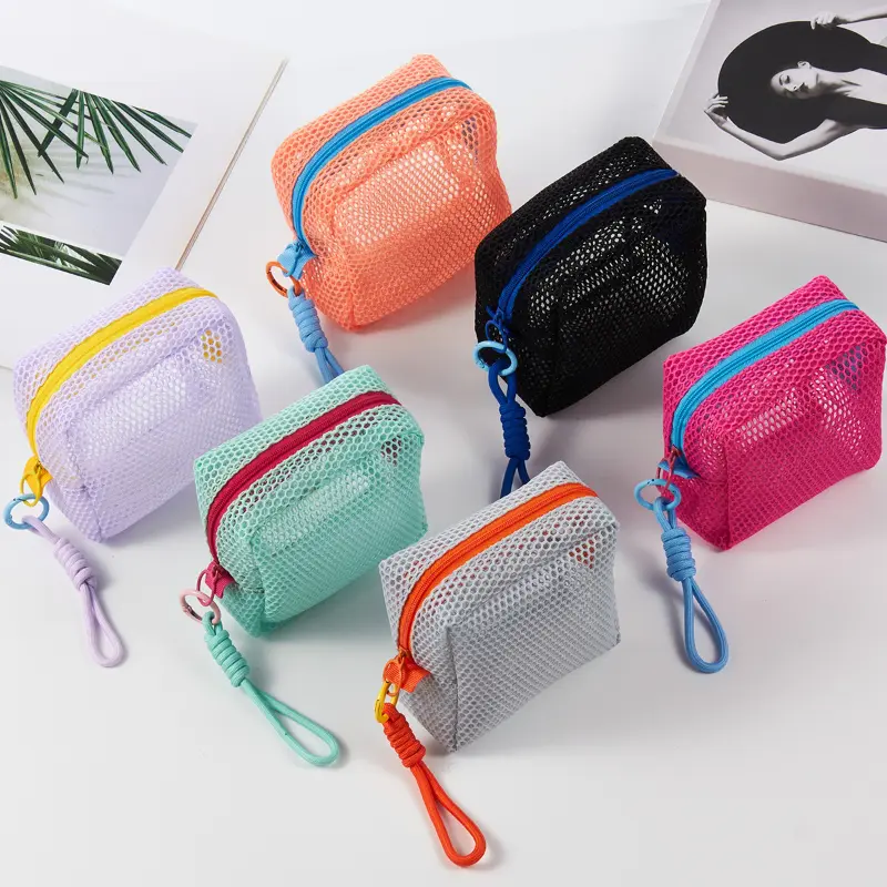 Small Square Solid Color Coin Bag Nylon Mesh Lipstick Key Earphone Organizer Holder Bus Bank ID Credit Cards Pouch Case Storage