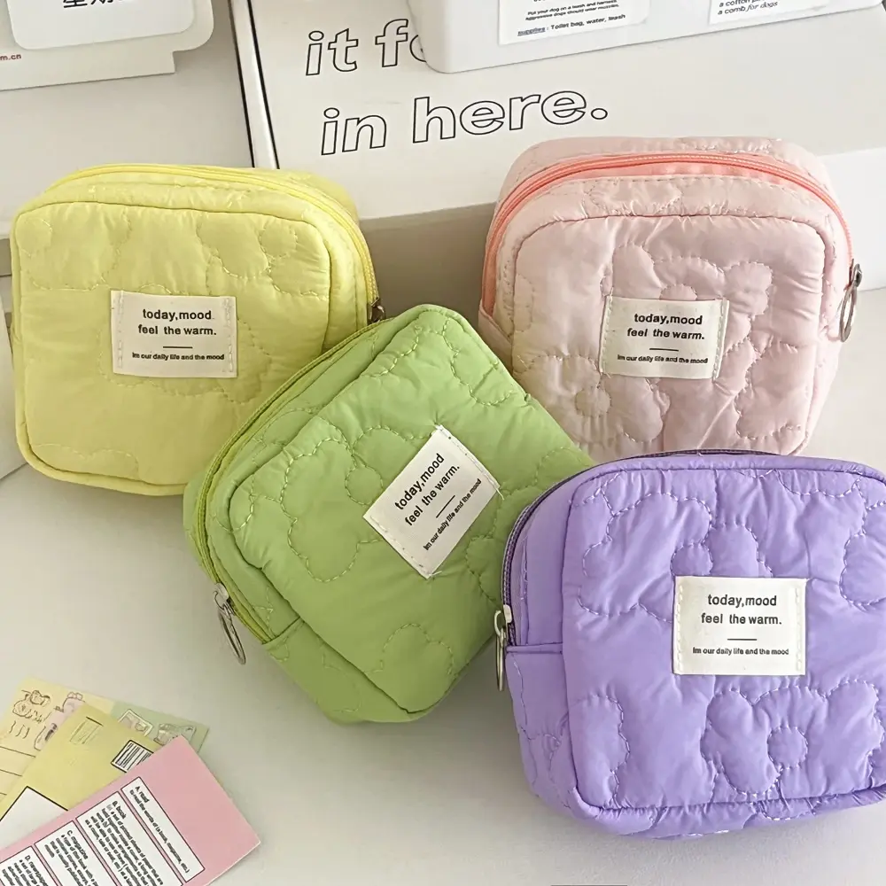 Cartoon Flower Square Cosmetic Bag Women Portable Earphones Lipstick Sanitary Napkins Storage Pouch Small Makeup Zipper Bags