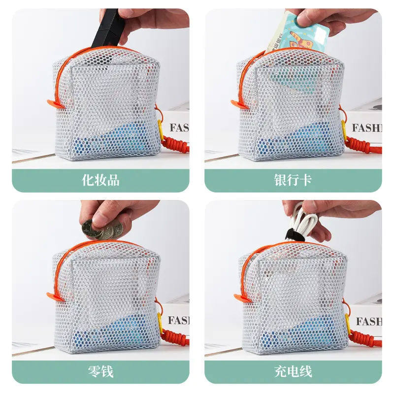Small Square Solid Color Coin Bag Nylon Mesh Lipstick Key Earphone Organizer Holder Bus Bank ID Credit Cards Pouch Case Storage