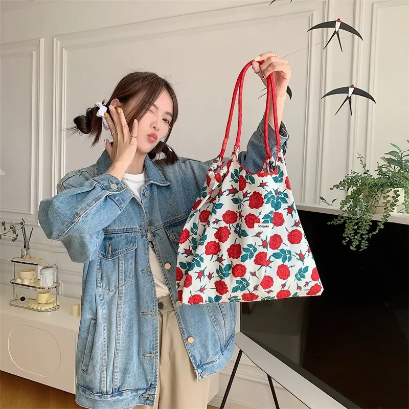Canvas Shoulder Women's Tote Bag Fashion Flower Casual Large Capacity Handbags for Women Travel Solid Shopper Bag