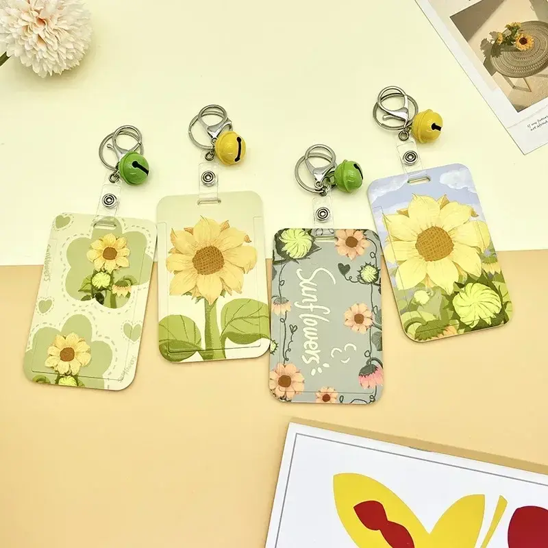Student Identity Badge Card Cover with Neck Strap Bag Simple Flowers Women Girl Credit Card ID Bus Card Holder Bags with Lanyard