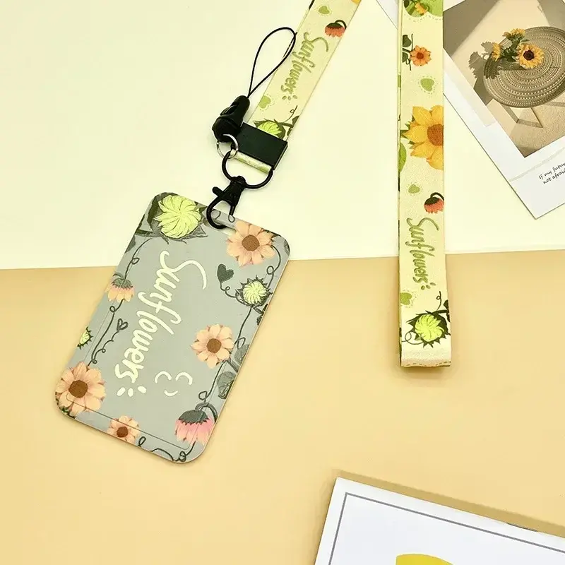 Student Identity Badge Card Cover with Neck Strap Bag Simple Flowers Women Girl Credit Card ID Bus Card Holder Bags with Lanyard