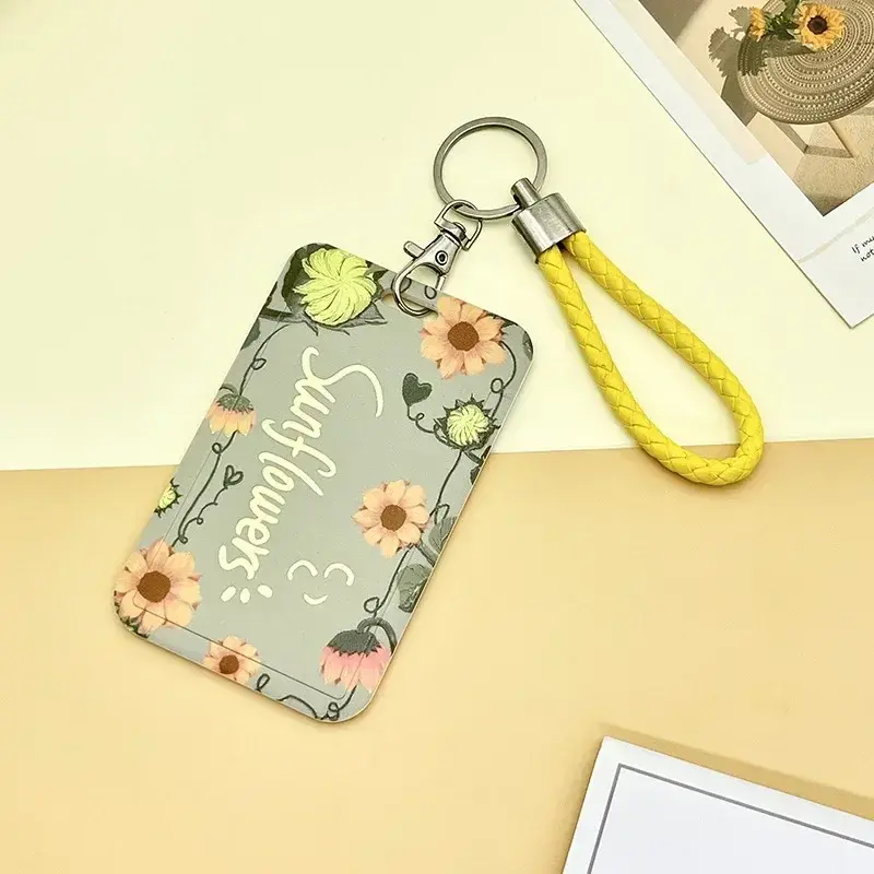 Student Identity Badge Card Cover with Neck Strap Bag Simple Flowers Women Girl Credit Card ID Bus Card Holder Bags with Lanyard