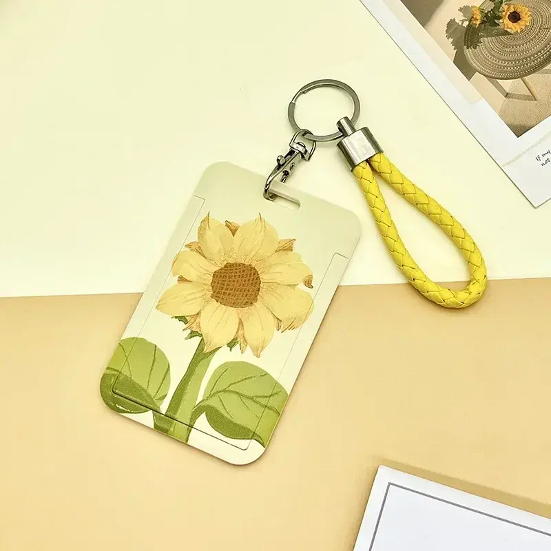 Student Identity Badge Card Cover with Neck Strap Bag Simple Flowers Women Girl Credit Card ID Bus Card Holder Bags with Lanyard