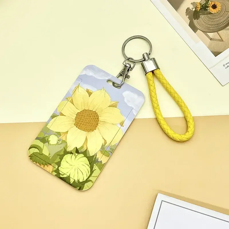 Student Identity Badge Card Cover with Neck Strap Bag Simple Flowers Women Girl Credit Card ID Bus Card Holder Bags with Lanyard