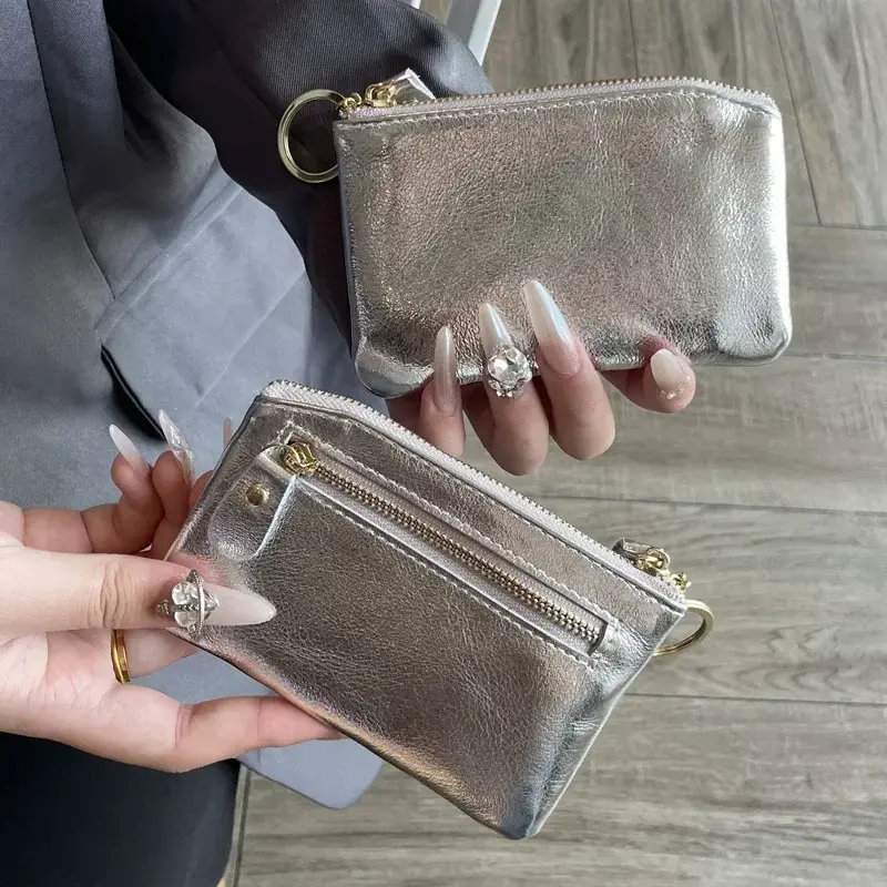 Fashion Genuine Leather Zipper Coin Purse Mini Cute Wallet for Women Portable Key Card Holder Coin Bag Pouch with Keychain