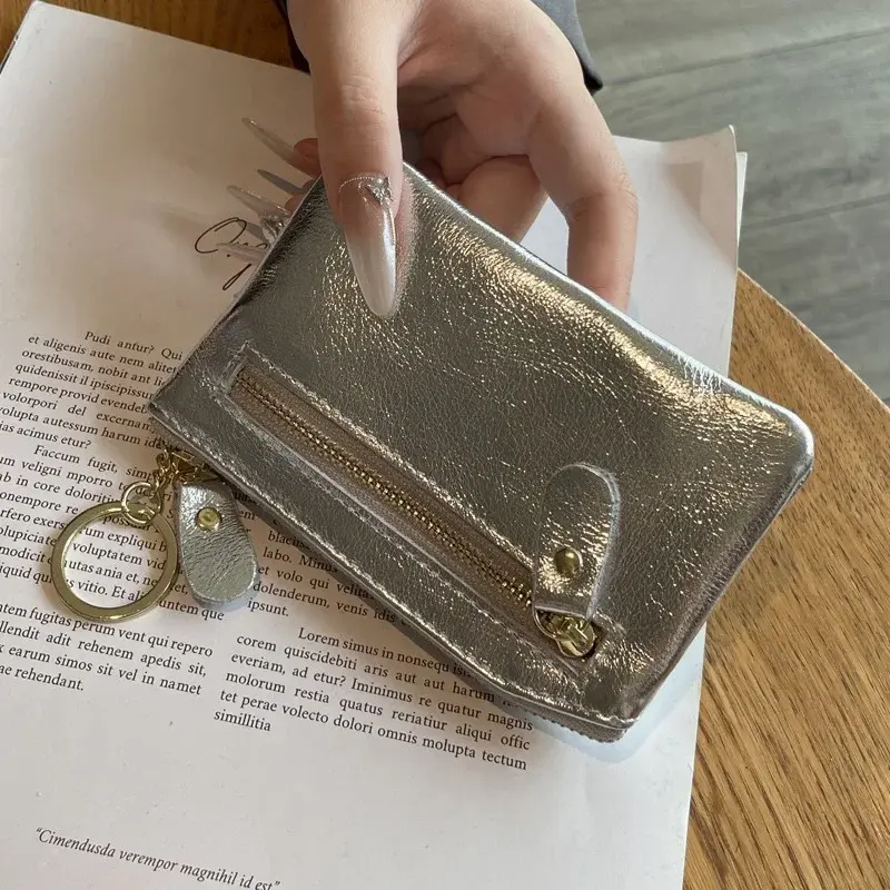 Fashion Genuine Leather Zipper Coin Purse Mini Cute Wallet for Women Portable Key Card Holder Coin Bag Pouch with Keychain