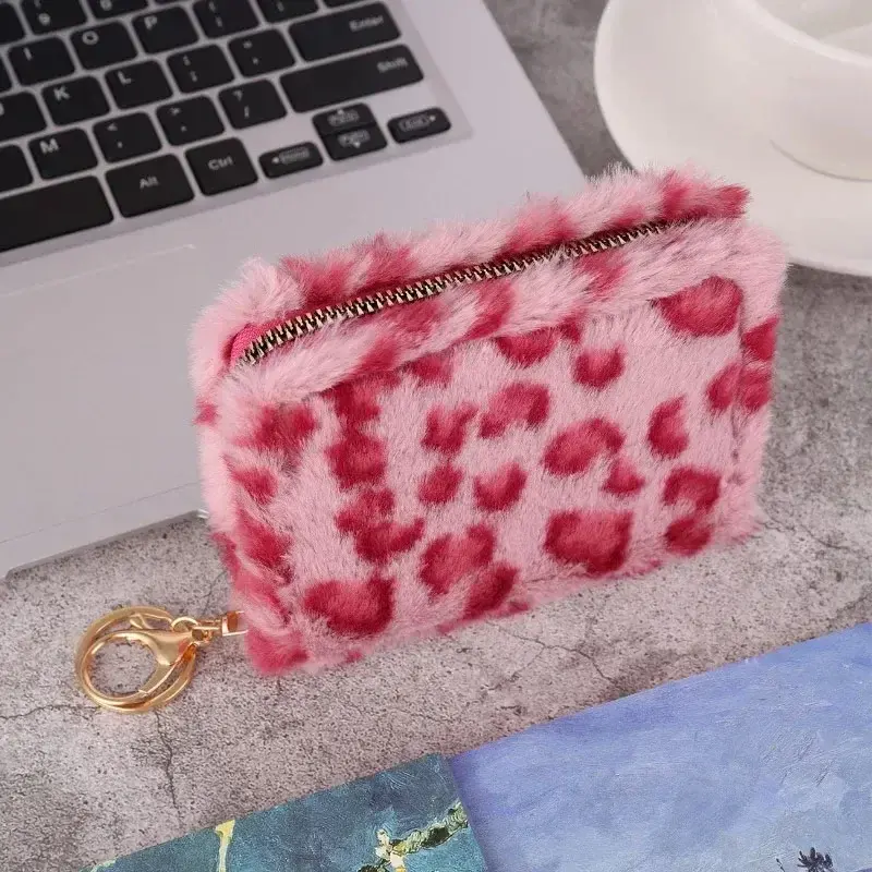 Fashion Leopard Print Plush Short Wallet with Keychain for Women Large Capacity Card Holder Zipper Coin Bag