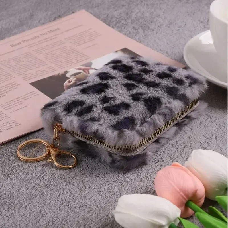 Fashion Leopard Print Plush Short Wallet with Keychain for Women Large Capacity Card Holder Zipper Coin Bag