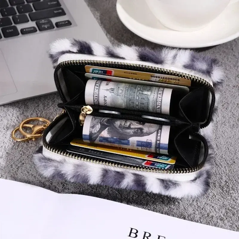 Fashion Leopard Print Plush Short Wallet with Keychain for Women Large Capacity Card Holder Zipper Coin Bag