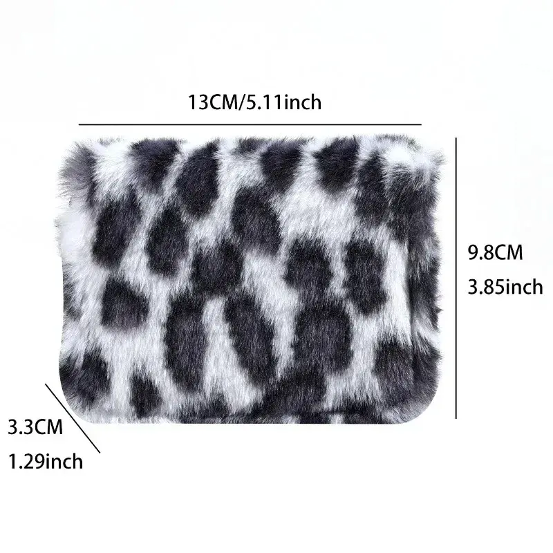 Fashion Leopard Print Plush Short Wallet with Keychain for Women Large Capacity Card Holder Zipper Coin Bag