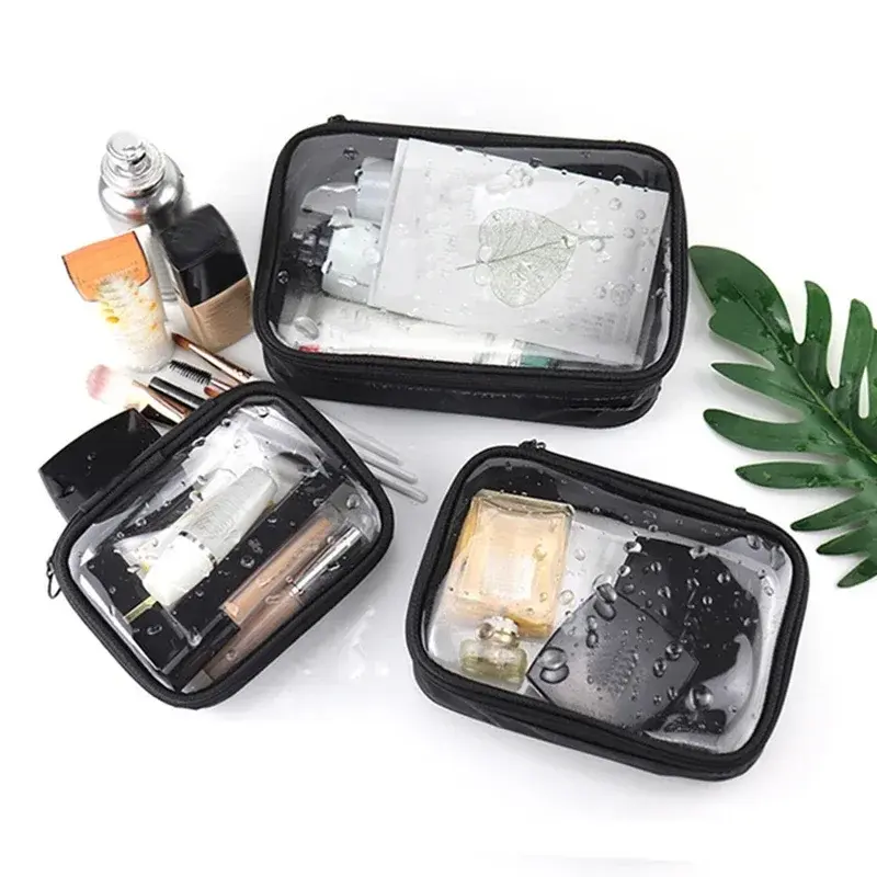 Black Transparent Travel Cosmetic Bag Fashion Waterproof TPU Toiletry Bag New Makeup Storage Bag Clear Zipper Cosmetic Bag