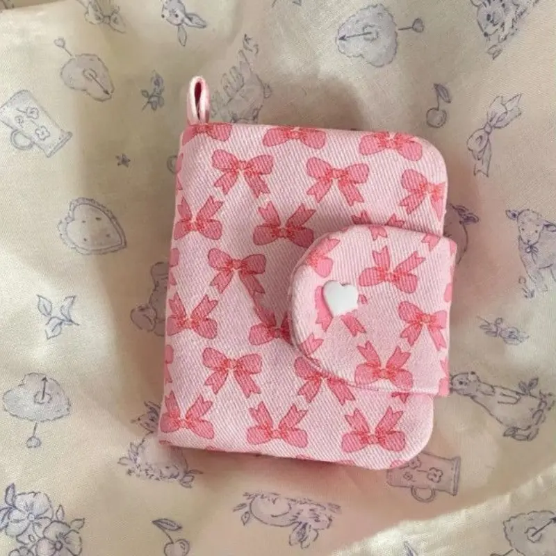 1 Pc Cute Student Coin Purse Pink Bow Print Korean Fashion Wallet Card Holder for Girls Portable Cute Small Storage Bag