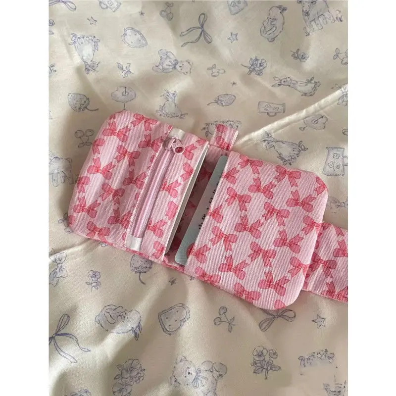 1 Pc Cute Student Coin Purse Pink Bow Print Korean Fashion Wallet Card Holder for Girls Portable Cute Small Storage Bag