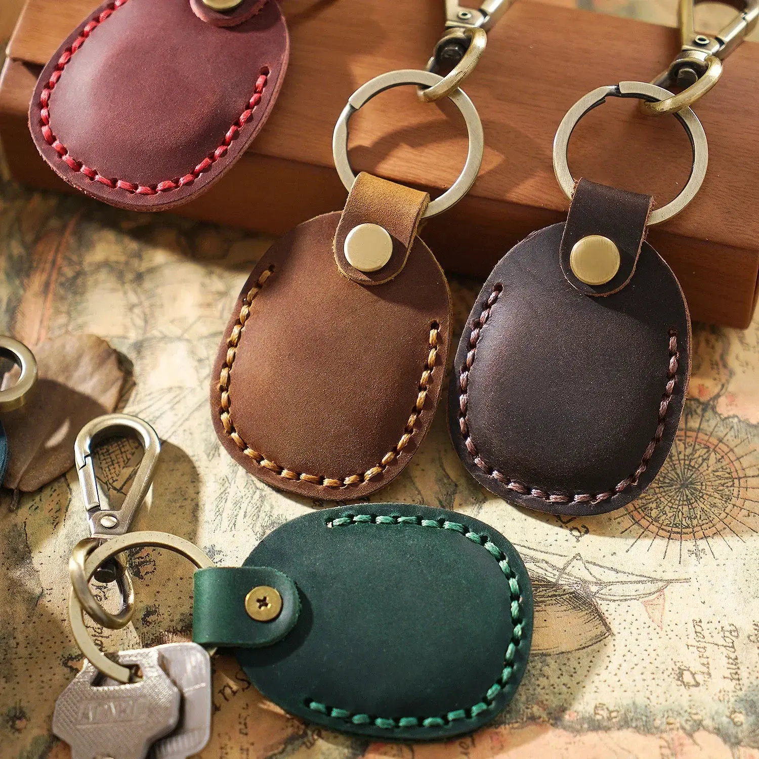 Vintage Leather Access Card Holder Keychain Round Water Drop Access Cards Protective Case Fashion Keyring Card Bag