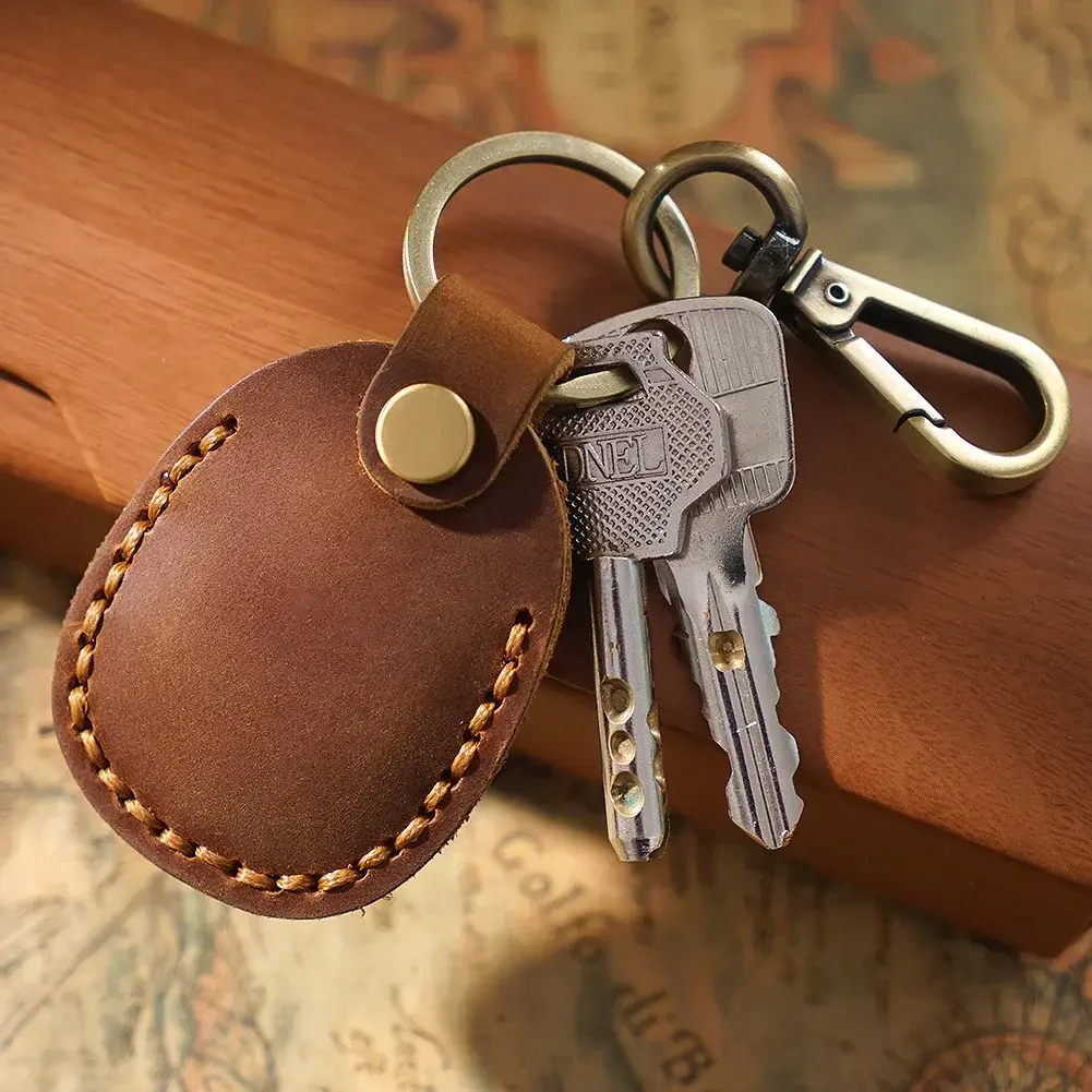 Vintage Leather Access Card Holder Keychain Round Water Drop Access Cards Protective Case Fashion Keyring Card Bag