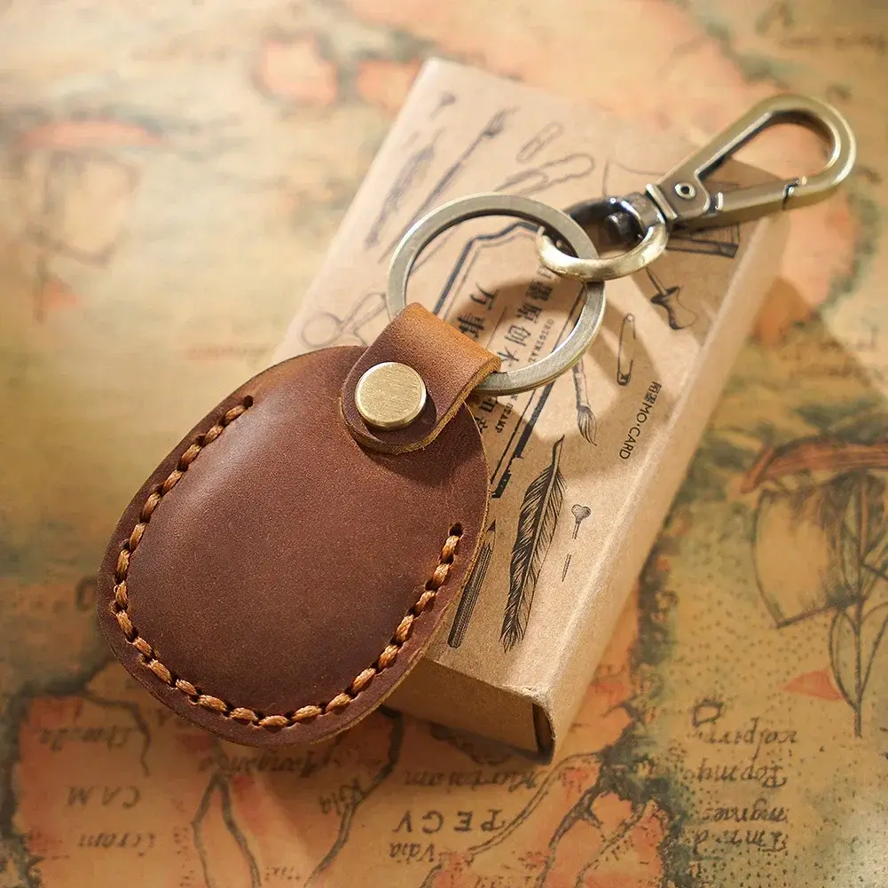 Vintage Leather Access Card Holder Keychain Round Water Drop Access Cards Protective Case Fashion Keyring Card Bag