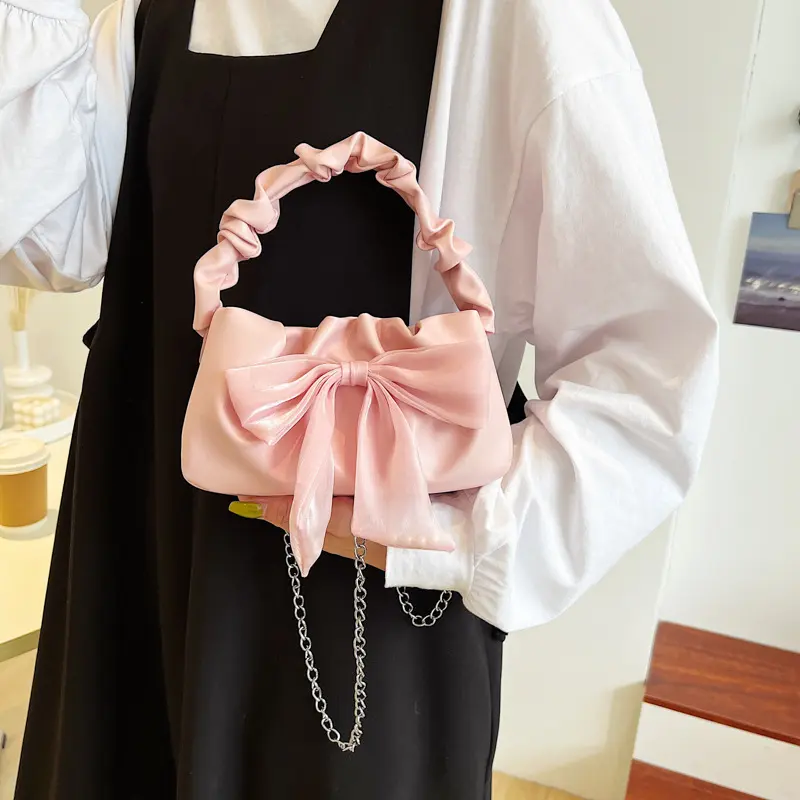 Fashion Tote bag Retro Handbags for Women Girl's Sweet Bow Single Shoulder Bag Chain Crossbody Bag Fold Purses and Handbag