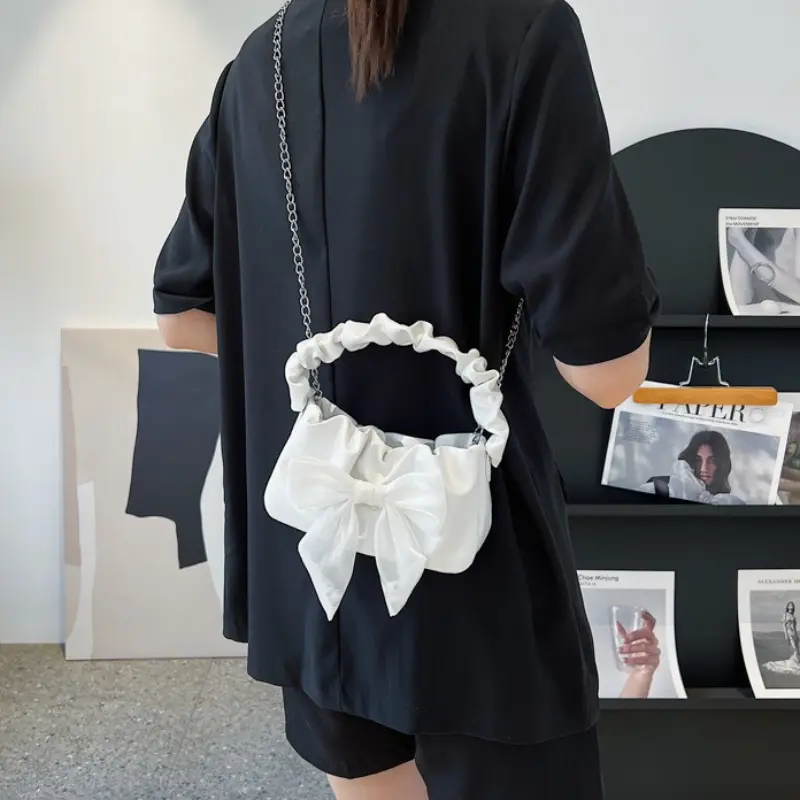 Fashion Tote bag Retro Handbags for Women Girl's Sweet Bow Single Shoulder Bag Chain Crossbody Bag Fold Purses and Handbag