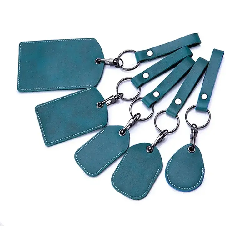 ID Card Case Keychain Access Card Bag Key Tag Ring Cow Leather Card Holder Keychain Key Ring Door Lock Access Tags