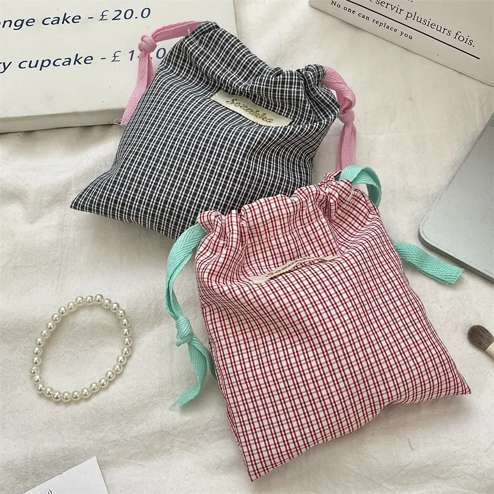 New Plaid Storage Drawstring Bag Women Cosmetics Lipstick Storage Pouch Cute Makeup Bag Christmas Gift Candy Jewelry Organizer