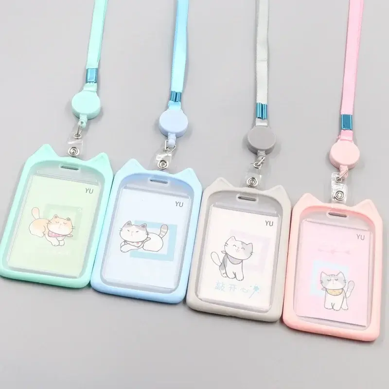 1PC Cute Cartoon Cat Card Holder Bank Identity Bus ID Card Holder Case with Retractable Reel Lanyard Credit Cover Case Kids Gift