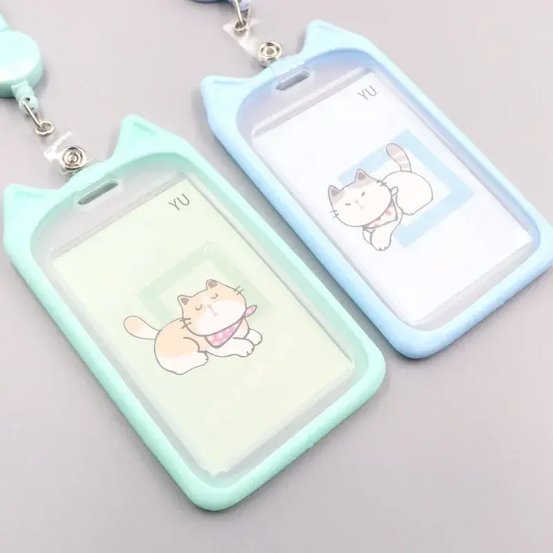 1PC Cute Cartoon Cat Card Holder Bank Identity Bus ID Card Holder Case with Retractable Reel Lanyard Credit Cover Case Kids Gift