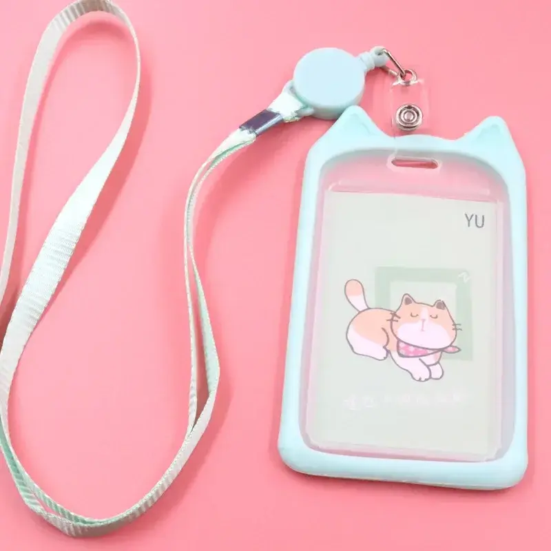 1PC Cute Cartoon Cat Card Holder Bank Identity Bus ID Card Holder Case with Retractable Reel Lanyard Credit Cover Case Kids Gift