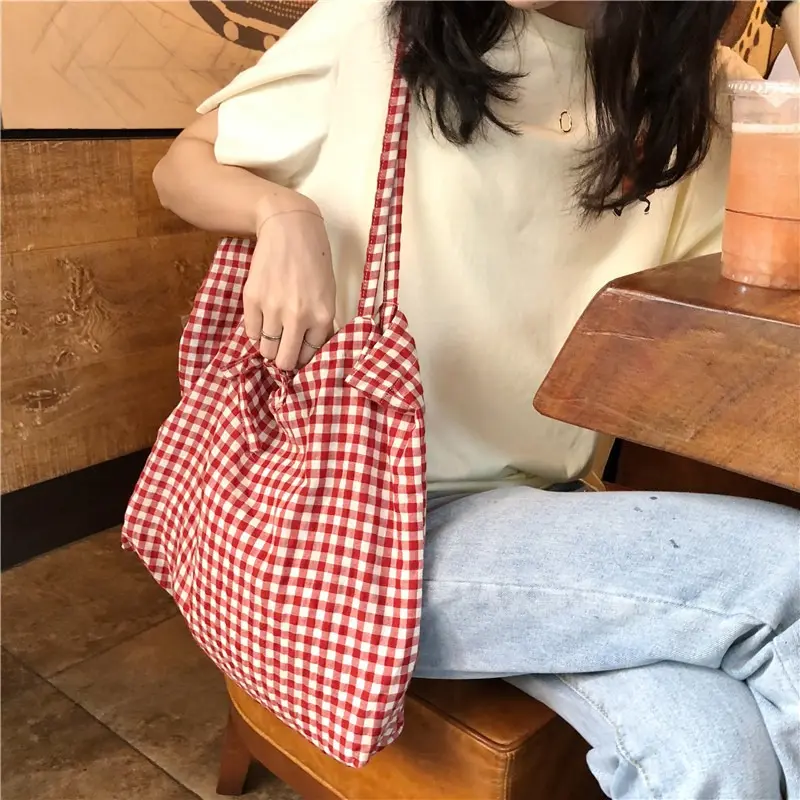 Vintage Plaid Women's Shoulder Bags Large Capacity Female Reusable Shopping Bag Cotton Cloth School Girls Book Tote Handbags