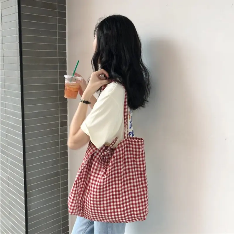 Vintage Plaid Women's Shoulder Bags Large Capacity Female Reusable Shopping Bag Cotton Cloth School Girls Book Tote Handbags