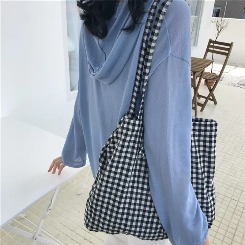 Vintage Plaid Women's Shoulder Bags Large Capacity Female Reusable Shopping Bag Cotton Cloth School Girls Book Tote Handbags