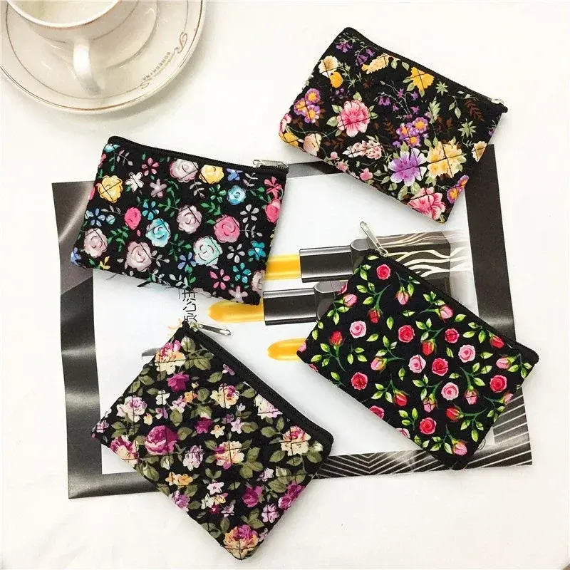 Korean Canvas Coin Purse for Women Mini Purse Fashion Zipper Ladies Small Money Wallet Floral Print Key Coin Storage Bag