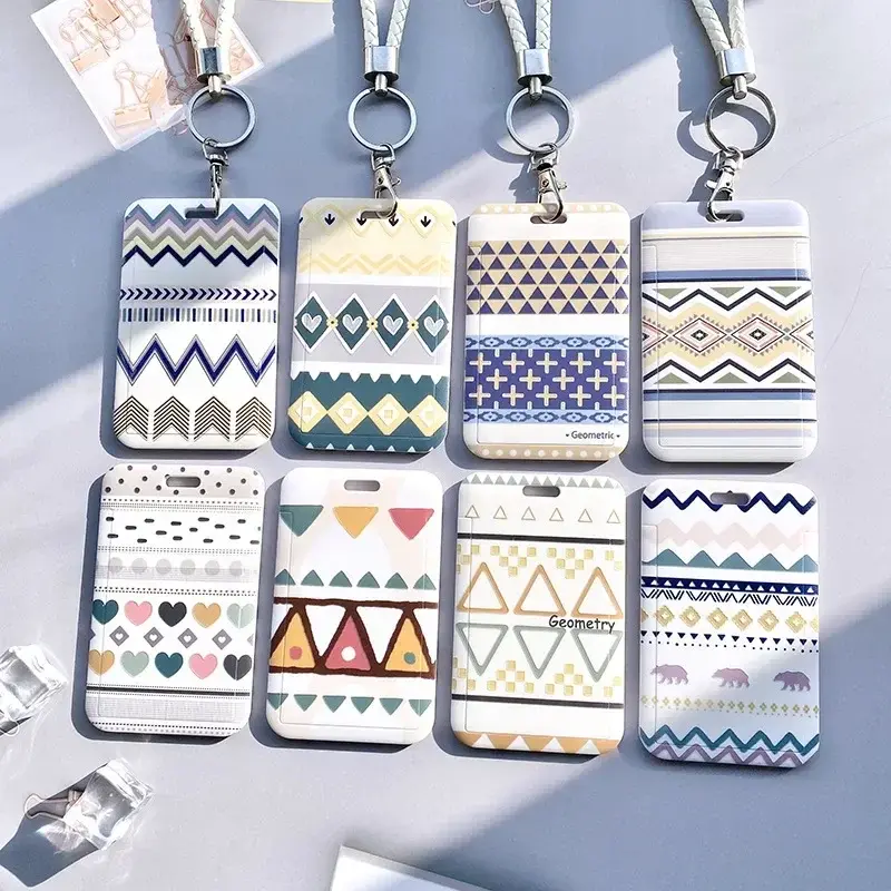 Geometric Pattern Card Cover Case Men Women Work Badge Keyring Wallet Student School Access Card Bus Credit Id Card Holder Bags