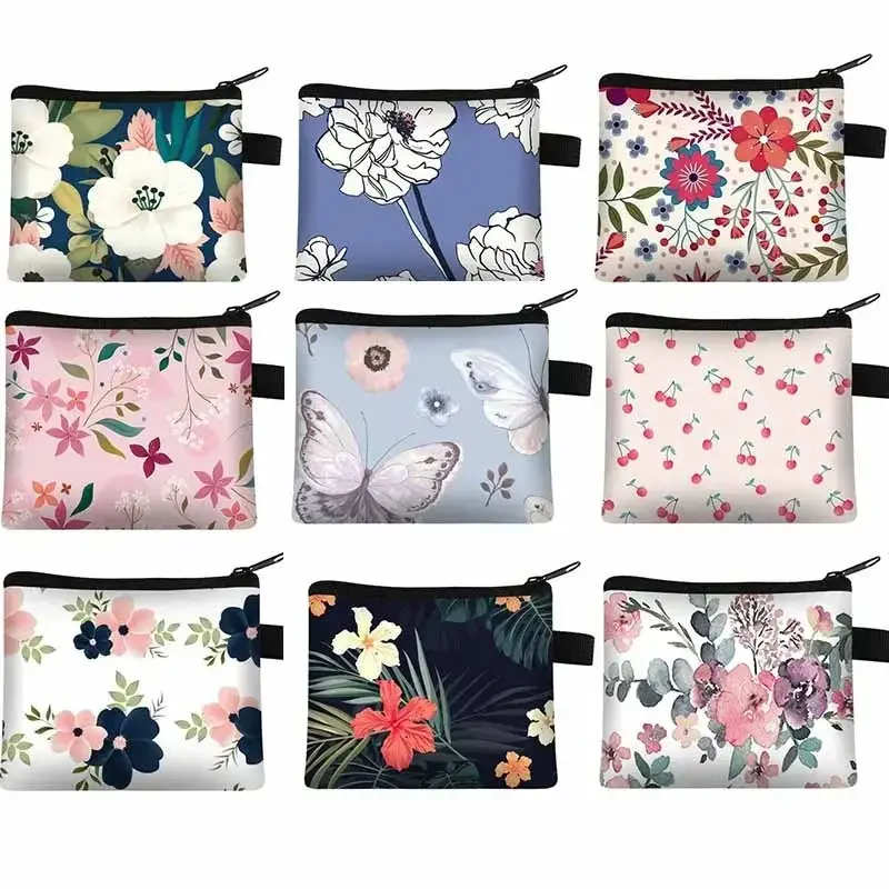 Floral Print Small Cosmetic Bag Girl Women Sanitary Napkin Storage Organizer Bag Coin Card Money Eearphone Lipstick Holder Pouch