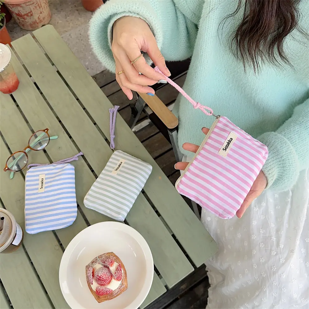 Small Cosmetic Make Up Bag Mini Canvas Striped Organizer Bags for Women Lipstick Makeup Case Children Cute Purse Coin Pouch Case