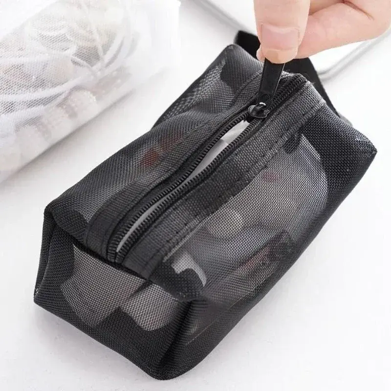 Mini Clear Nylon Mesh Cosmetic Bags Cute Women Small Lipstick Makeup Bags Pouch Data Line Key Earphone Organizer Case