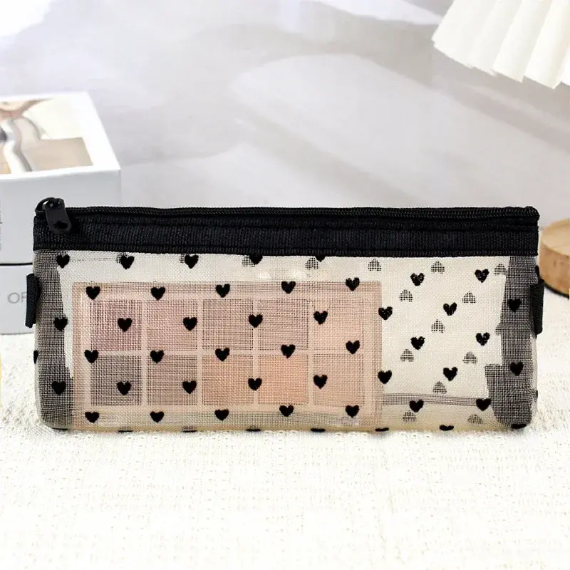 Clear Mesh Cosmetic Makeup Bags Case Makeup Brush Holder Cute Transparent Zipper Black Heart Printed Pencil Pen Case Pouch