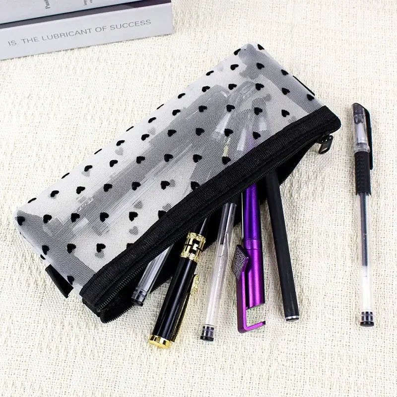 Clear Mesh Cosmetic Makeup Bags Case Makeup Brush Holder Cute Transparent Zipper Black Heart Printed Pencil Pen Case Pouch