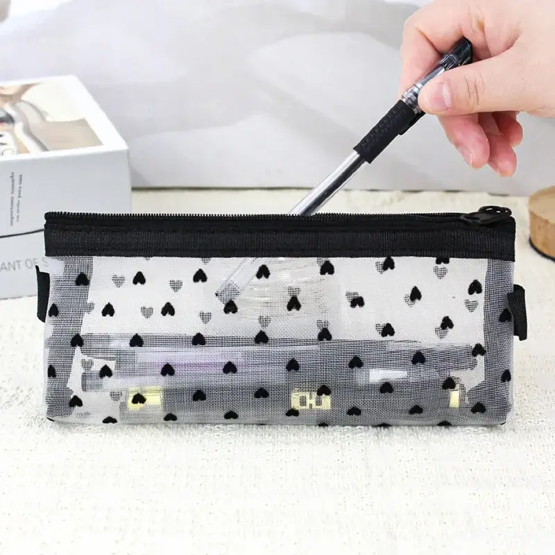 Clear Mesh Cosmetic Makeup Bags Case Makeup Brush Holder Cute Transparent Zipper Black Heart Printed Pencil Pen Case Pouch